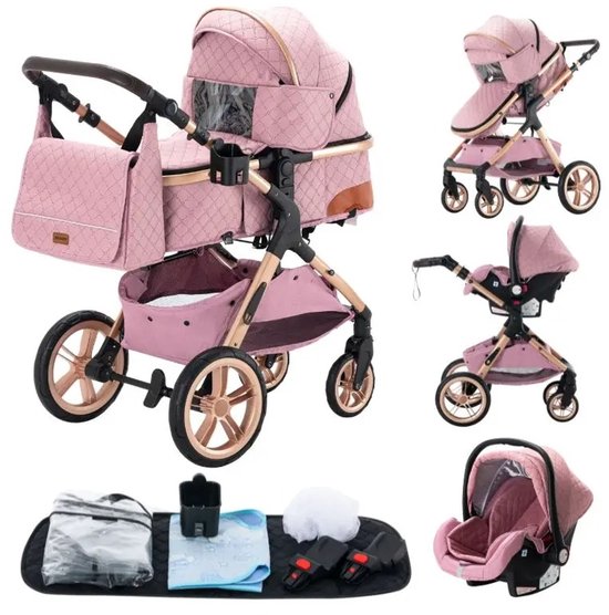 Mila Shop Kinderwagen 3 in 1 inclusief autostoel - Wandelwagen - Babywagen - Multifunctionele kinderwagen - Baby autostoel - Inclusief maxi cosi - Roze/Rosé - 42x45x103cm van Mila Shop