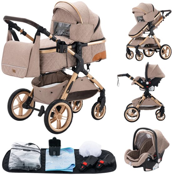 Mila Shop Kinderwagen 3 in 1 - Wandelwagen - Babywagen - Multifunctionele kinderwagen - Baby autostoel - Inclusief maxi cosi - Beige van Mila Shop