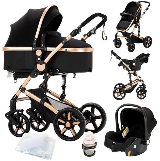 Mila Shop Kinderwagen 3 in 1 - Wandelwagen - Babywagen - Multifunctionele kinderwagen - Baby autostoel - Inclusief maxi cosi - Zwart/Rosé - 42x45x103cm van Mila Shop