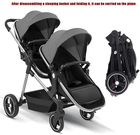 Mila Shop Tweeling buggy - Duo Buggy - Duo kinderwagen - Incl. 2 omvormbare zitjes & reiswiegjes - Geschikt voor 1 0f 2 kindjes vanaf geboorte tot 25KG - Zwart/Grijs van Merkloos