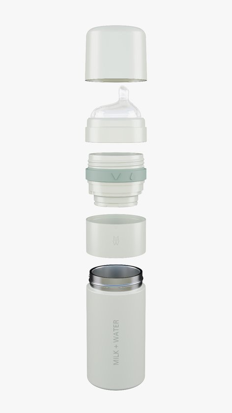 MILK + WATER™ Unieke Alles-in-1 Thermo Babyfles 266ml Medium Flow - Geïntegreerde Poederkamer - Olive Green
