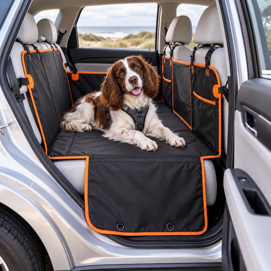 Miloza Pets Hondendeken Auto – Achterbankverlenger met Harde Bodem – Gaasvenster en Opbergvakken – Inclusief Draagtas en Hondenautoriem – Zwart/Oranje
