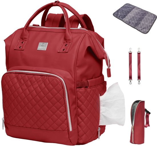 MIMMTI Leren Luiertas Rugzak 2.0 met Verschoonmatje - Cherry - Rood - leer - Inclusief flessenwarmhouder - kinderwagenhaken en isoleervak - All in One Bag van Mi