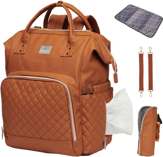 MIMMTI Leren Luiertas Rugzak 2.0 met Verschoonmatje - Cognac - leer - Inclusief flessenwarmhouder - kinderwagenhaken en isoleervak - All in One Bag van Merkloos