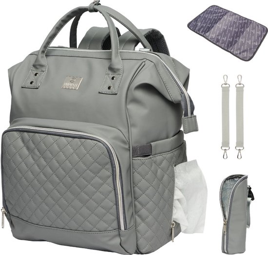MIMMTI Leren Luiertas Rugzak 2.0 met Verschoonmatje - Grijs - leer - Inclusief flessenwarmhouder - kinderwagenhaken en isoleervak - All in One Bag van Mi