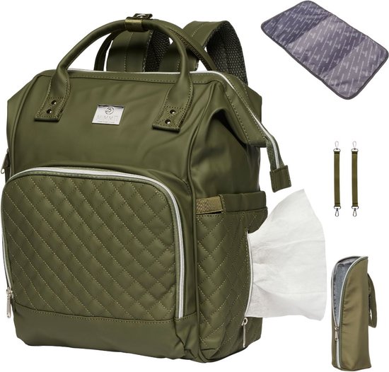 MIMMTI Leren Luiertas Rugzak 2.0 met Verschoonmatje - Olijfgroen - leer - Inclusief flessenwarmhouder - kinderwagenhaken en isoleervak - All in One Bag van Mimmti