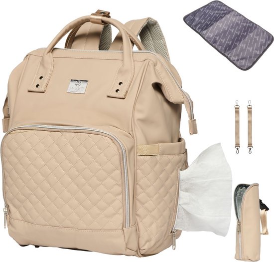 MIMMTI Leren Luiertas Rugzak 2.0 met Verschoonmatje - Sand - Donker beige - leer - Inclusief flessenwarmhouder - kinderwagenhaken en isoleervak - All in One Bag van Mimmti