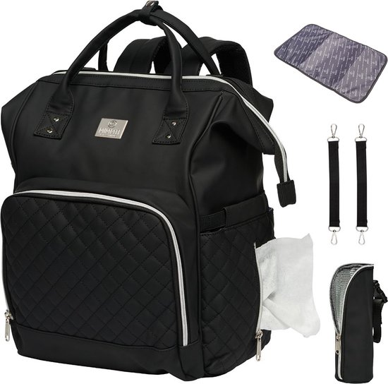 MIMMTI Leren Luiertas Rugzak 2.0 met Verschoonmatje - Zwart - leer - Inclusief flessenwarmhouder - kinderwagenhaken en isoleervak - All in One Bag van Merkloos