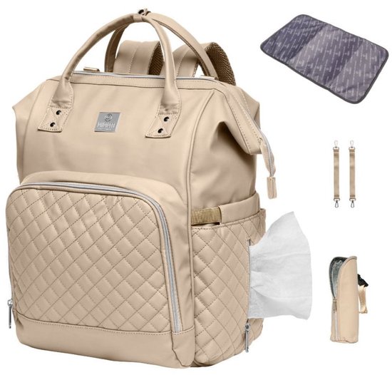MIMMTI Luiertas Rugzak 2.0 Premium - Blijft vanzelf open - 24,5 L - Incl. verschoonmatje, warmhouder en clips - Beige