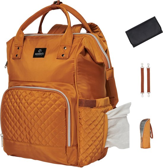 MIMMTI Luiertas Rugzak met Verschoonmatje - Cognac - Inclusief flessenwarmhouder - kinderwagenhaken en isoleervak NanaBeebi van Mi