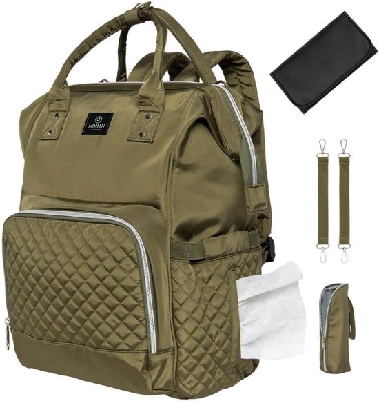 MIMMTI Luiertas Rugzak met Verschoonmatje - Olijfgroen - Inclusief flessenwarmhouder - kinderwagenhaken en isoleervak NanaBeebi van Merkloos
