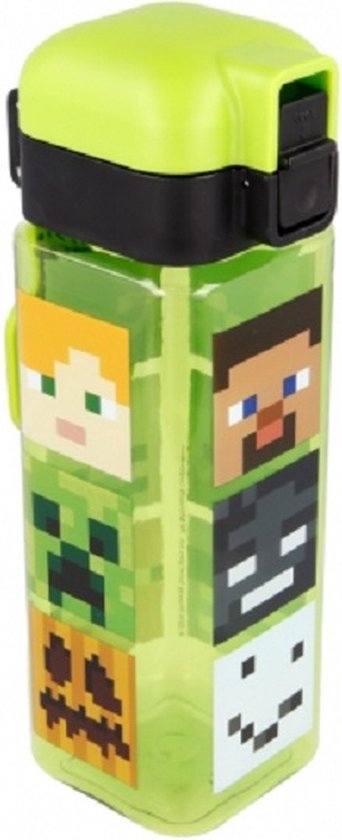 Minecraft Characters - Vierkante Drinkfles / Drinkbeker met Safety Lock en Draagring- 550 ml - BPA-vrij