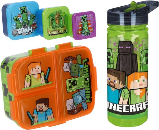 Minecraft lunchset; lunchbox, snackbox en drinkfles