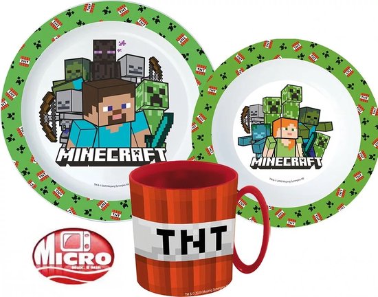 Minecraft ontbijtset 3 delig - 1 bord, 1 kom en 1 grote beker- groen/rood magnetron bestendig van Merkloos