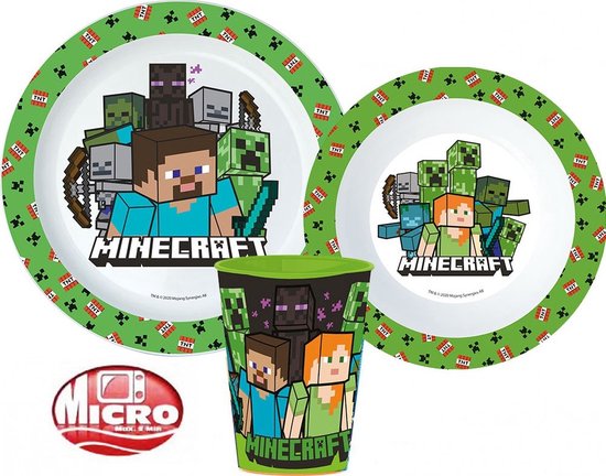 Minecraft Ontbijtset - 3-Delig Kinderservies - Bord, Kom & Beker - BPA Vrij - Magnetronbestendig - Verjaardagscadeau Kind - Minecraft Servies van Merkloos