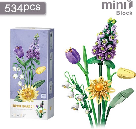 Mini Block Bloemen Set - Bouwset - Paars- Bouwstenen - Niet compatibel met bekende bouwstenen (zoals Lego) van Pixio