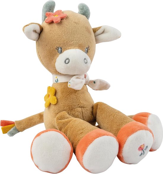 Mini-knuffeldier Koe - Pluche Rammelaar - Baby Ontwikkeling - Geïntegreerde Rammelaar - 20 cm - Beige