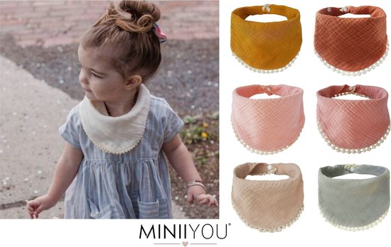 MINIIYOU - 6 stuks - Hydrofiele Bandana Slabbetjes Meisje Franjes - Roze Geel - Beige van MINI