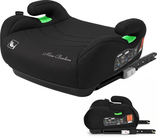 Mino Bambino I-Size Zitverhoger met ISOFIX - Autostoel Booster Zwart 125-150 cm - R129 Veiligheidsnorm - Brede Zitting met EPE Schuim - Diepe Armleuningen - Voorwaarts Gericht