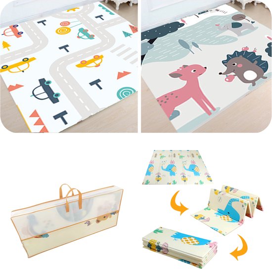 MIRO® Speelmat Baby Foam XL - Kruipmat - Opvouwbaar - Dieren & Verkeer - Kinder Speelgoed 1 Jaar - Dubbelzijdig Speelkleed - Tummy Time - Babygym 180 x 200CM - Incl. Opbergtas van Mi