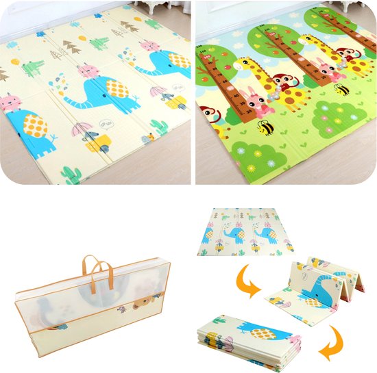 MIRO® Speelmat Baby Foam XL - Kruipmat - Opvouwbaar - Olifant & Aapje - Kinder Speelgoed 1 Jaar - Dubbelzijdig Speelkleed - Tummy Time - Babygym 180 x 200CM - Incl. Opbergtas van MIRO