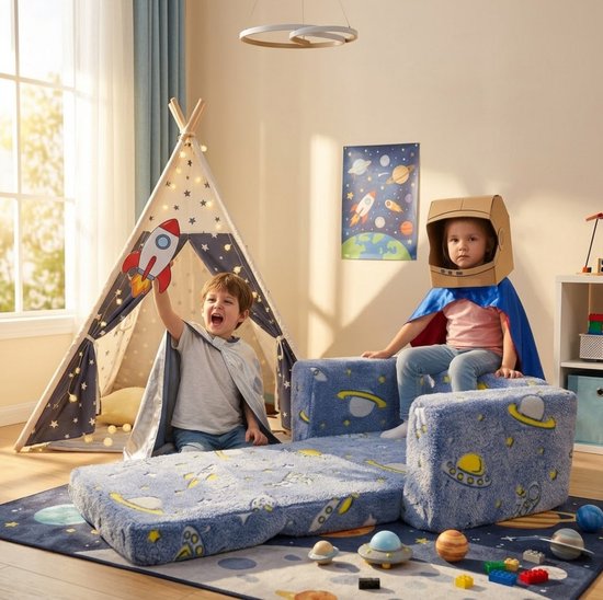 MIVRAY Fauteuil 106 x 65 x 28,5 cm - Opklapbare Kinderfauteuil Met Lichtgevend Ruimtemotief - Voor Lezen En Rusten - Stof Blauw Groen Wit