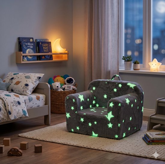 MIVRAY Kinderfauteuil 64 x 49 x 49 cm - Met Armleuningen, Draaggreep en Afneembare Hoes - Voor Slaapkamer en Speelhoek - Stof Grijs Met Sterren
