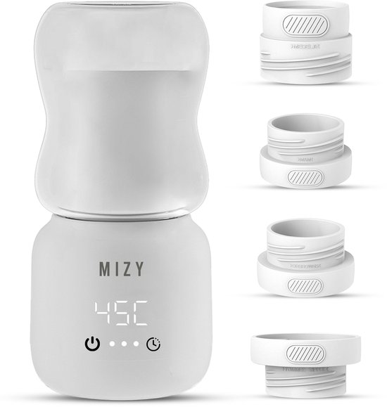 MIZY - Draagbare Flessenwarmer - Draadloze Babyfles Verwarmer voor Onderweg - 4 Temperatuurniveaus - Inclusief 4 Universele Adapters - Wit van MIZY