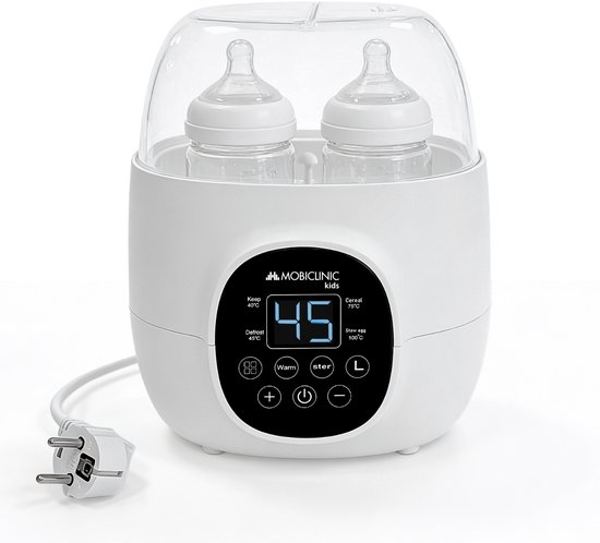 Mobiclinic Bibidu - Dubbele Flessenwarmer - Digitale - 6-in-1 - 2 flessen - Instelbare temperatuur - Babyvoeding Warmer - Stoomsterilisatie - Opwarmen, op temperatuur houden, steriliseren, ontdooien voedsel - Met digitaal display - Wit van Merkloos