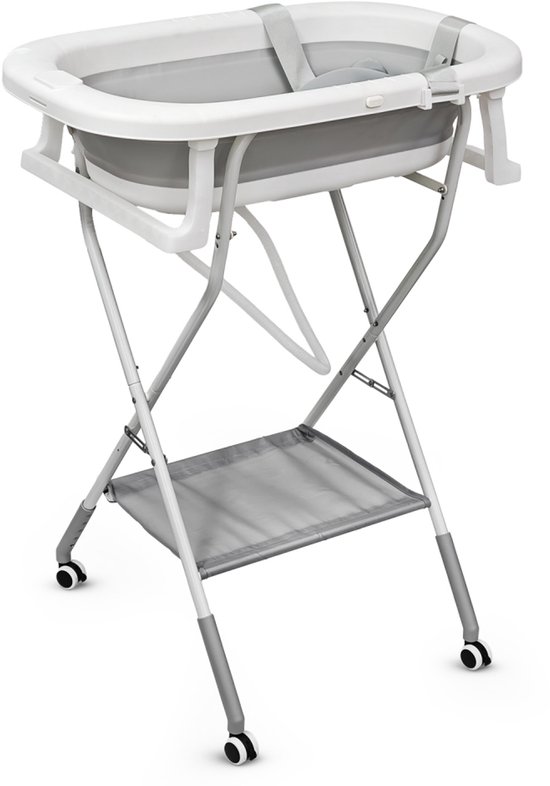 Mobiclinic Bubba Max - Baby Bad - Babybadje met standaard - Peuterbadje - Opvouwbaar - Voor kinderen - Tot 12 kg - Met badkussen, afvoerslang en wielen - Wit en grijs