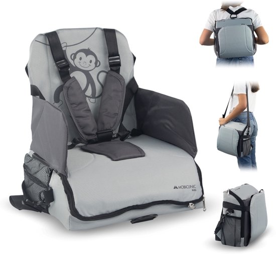 Mobiclinic Monkey - Kinderstoel Draagbare - Booster Seat - Geschikt voor auto - Stoelverhoger voor kinderen - Max 15 kg - Verstelbare 5-punts riem - Inklapbaar - Met zak en handvat - Grijs