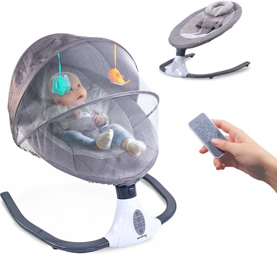 Mobiclinic Tuktuk - Babyschommel - Schommelstoel - Wipstoel - Instelbare snelheid - Muziek en speelgoedstang - Bluetooth - 3-puntsgordel - Klamboe - Grijs van Merkloos