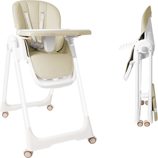 Mobiele kinderstoel met 5-punts veiligheidsgordel, dubbel dienblad en 4 wielen, opvouwbare zitverhoger met verstelbare rugleuning en voetensteun voor thuis en op reis (beige) NAIZY