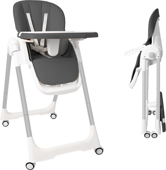 Mobiele kinderstoel met 5-punts veiligheidsgordel, dubbel dienblad en 4 wielen, opvouwbare zitverhoger met verstelbare rugleuning en voetensteun voor thuis en op reis (Grijs) NAIZY van Merkloos