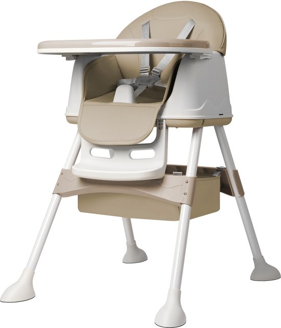 Mobiele kinderstoel met 5-punts veiligheidsgordel en dubbel dienblad, opvouwbare zitverhoger, wasbare kinderstoel voor thuis en op reis (beige) NAIZY van Merkloos