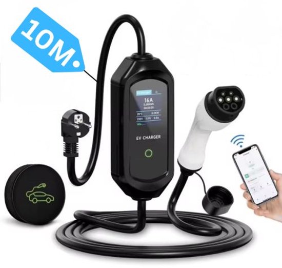 Mobiele Thuislader 3.7kW Type 2 – 10m – Stopcontact – App-functie – 6A-16A instelbaar – Memory & Uitgesteld laden – IP65 – Inclusief Tas van Maxem