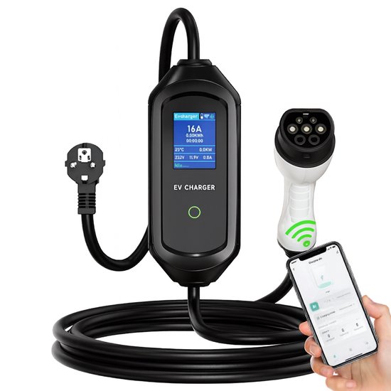 Mobiele Thuislader 3.7kW Type 2 – 5meter – Stopcontact – App-functie – 6A-16A instelbaar – Memory & Uitgesteld laden – IP65 – Inclusief Tas van Merkloos
