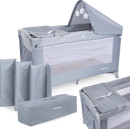 Moby-System Campingbedje met commode - Reiswieg / Box Happy Traveller - Grijs - reisbedje met matras van Merkloos