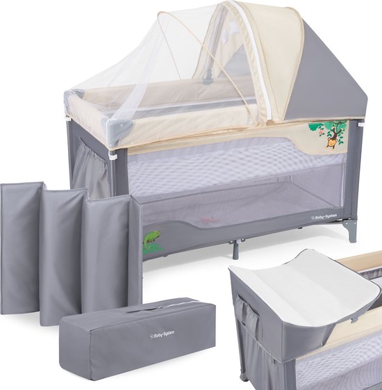 Moby-System Campingbedje - Reisbedje baby - met matras commode bodemverhoger en Klamboe - inklapbare box