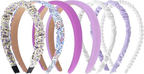 Mode Haarbanden voor Dames, 7 Stuks Antislip Parels en Bloemen Set - Brede en Smalle Gewonden Ontwerpen in Paars - Diverse Patronen voor Vrouwen en Meisjes