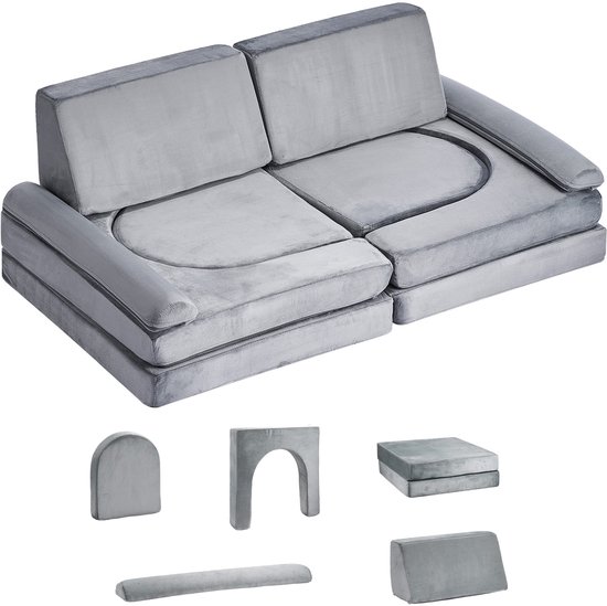 Modulaire Kinderspeelbank, Modulaire Peuterbank met Armleuningen, 28d Schuim en Zacht Kortpolig, omvormbare Modulaire Bank Voor Creatief Spelen en Ontspannen, 10-Delig, Grijs van Meofon