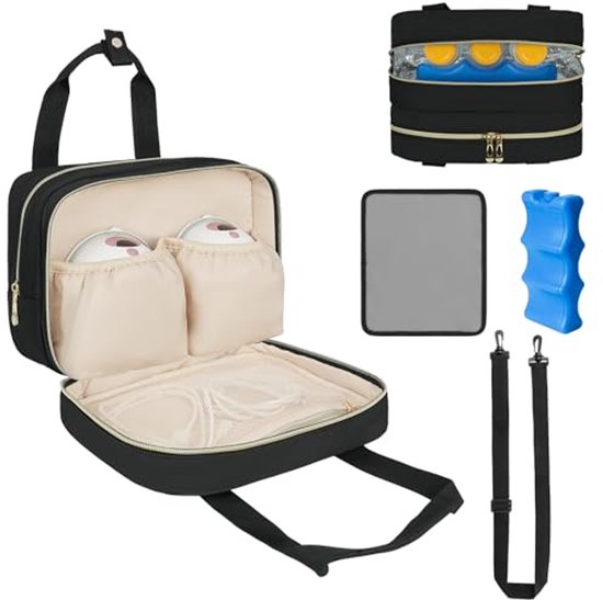 Moedermelk koeler, reistas, draagbare borstkolf opbergtas compatibel met Momcozy/Medela/Elvie/Willow borstkolf met ijspak en waterdichte mat, zwart