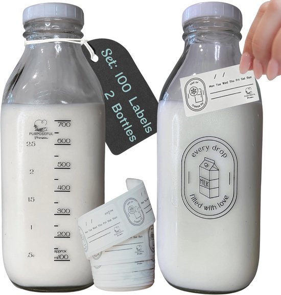 Moedermelk Pitcher Set - Moedermelk Opslag Containers voor Koelkast w/Labels - Moedermelk Kruik Flessen - Vintage 32oz Moedermelk Kruik - Glazen Werper voor Moedermelk-Vaatwasser Veilige Formule