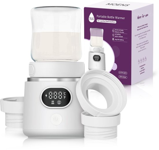 Moens Draagbare Flessenwarmer – Draadloze Flessenwarmer voor Onderweg – USB Oplaadbaar – Inclusief 3 Adapters & USB – BPA-vrij