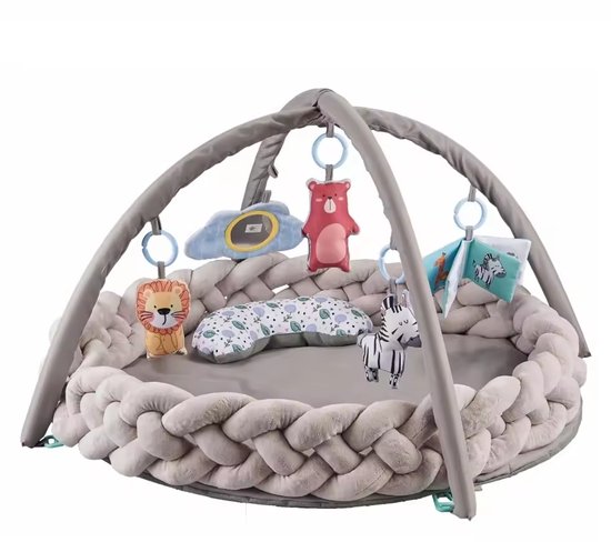 Mogi Products-Babygym 3-in-1 met Gevlochten Rand – Inclusief 7 Educatieve Speeltjes & Babykussen – Zacht Speelkleed –Babynestje- Grijs – ⌀ 80 cm