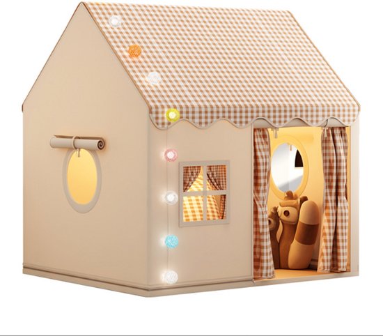 Mogi Products Kinderspeeltent Huisje - Luxe Speelhuis voor Binnen - Inclusief Sfeerverlichting & Gordijntjes - Beige / Geruit