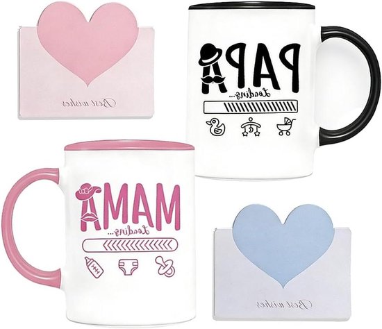 Mokkenset Mama Papa - Ouder Cadeau - Zwangerschap Aankondigen - Inclusief Wenskaarten - 350 ml - Zwart Roze