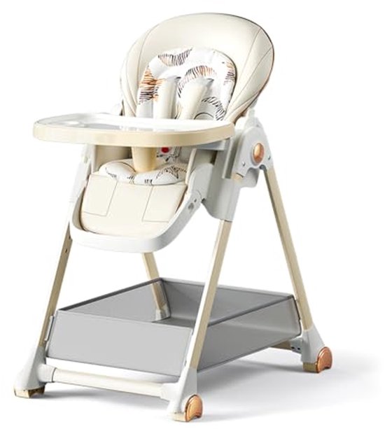 MoLi Babykinderstoel, hoge stoel, multifunctionele eetkamerstoel voor het voeden van kleine kinderen, met 3 ligposities, 6 verstelbare hoogtes, converteerbaar, opvouwbaar, met dienbladen en wielen,