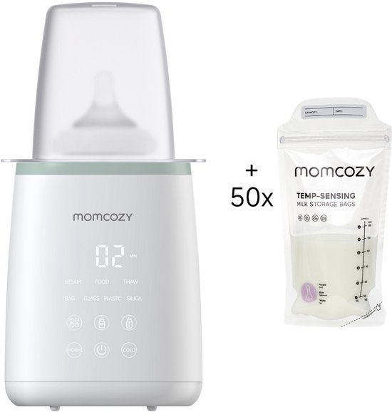 Momcozy Flessenwarmer met 50 bewaarzakjes voor moedermelk - 6-in-1 - Geschikt voor melk en babyvoeding - Compatibel met potjes, zakjes en flessen - Tot 24 uur warm houden