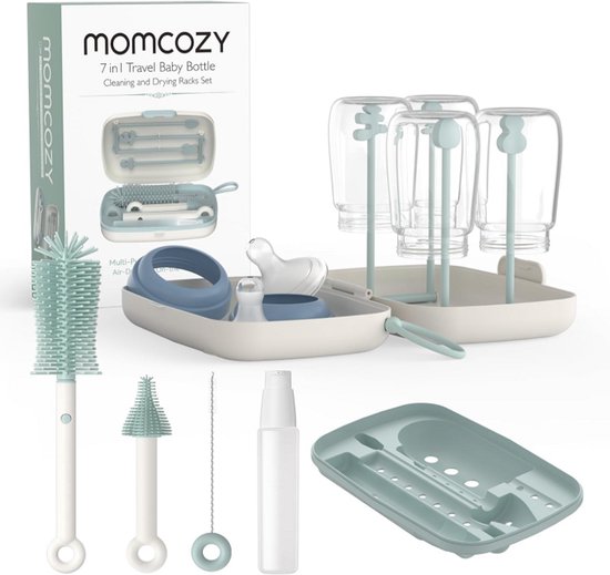 Momcozy Momcozy 7-in-1 Babyfles Reinigingsset (Groen) – Baby Bottle Cleaner Kit met Siliconen Borstel, Speen- & Rietjesborstels, Zeepdispenser & Droogrek – Draagbare Babyfles Schoonmaakset voor Thuis & Reizen